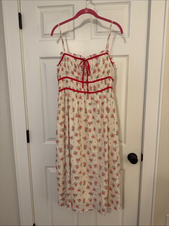 Storia Dresses & Skirts - Storia Cream and Floral Print Textured Dress with Red Bow Detail